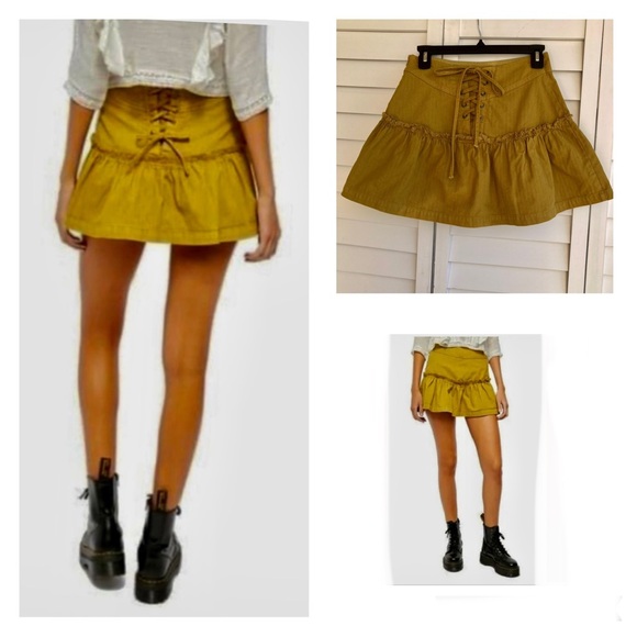 Free People Dresses & Skirts - Free People Skirt Lace Up Back Khaki Frilled Women’s Size 0 Side zip